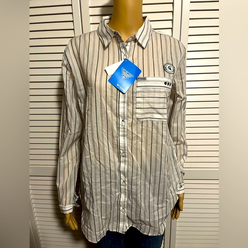 Great Columbia size M white gray stripe Michigan State button up long sleeve NWT